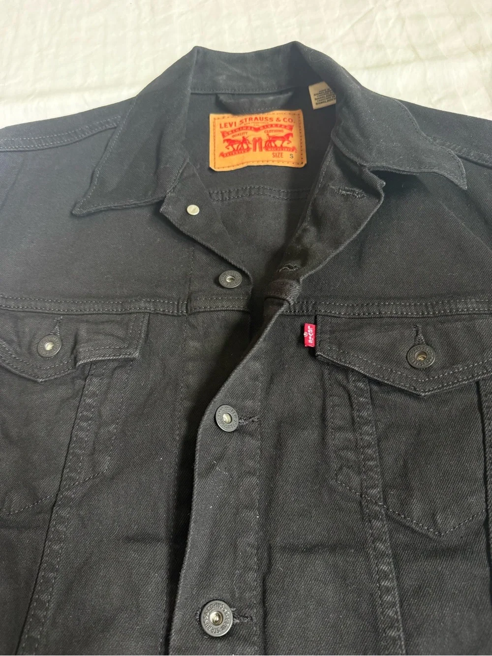Levi’s Black Denim Trucker Jacket - Men’s Size S Capsule Wardrobe Trucker Biker - Picture 4 of 10